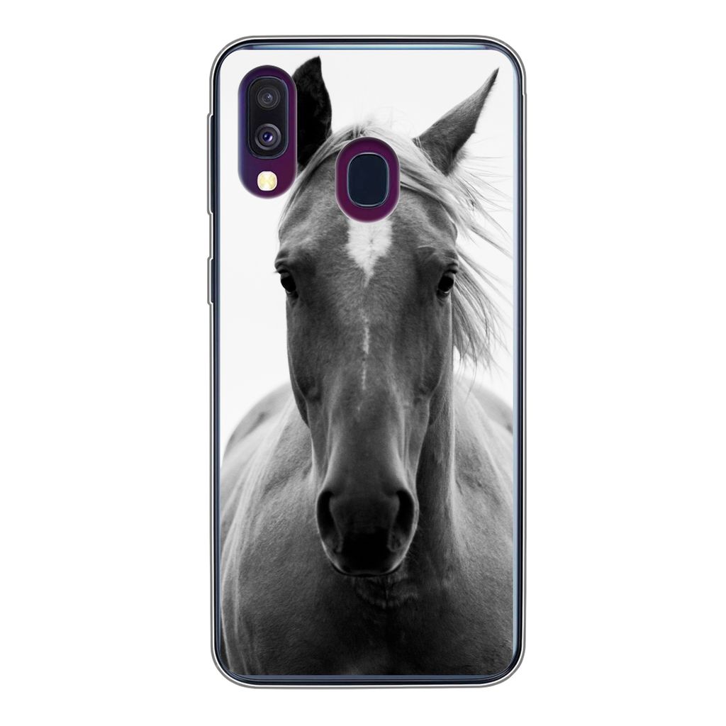 MuchoWow Handyhülle Schutzhülle Hülle für Samsung Galaxy A40 Pferd - Tier - Schwarz - Weiß Silikon Softcase Handy Hülle - Handy-Tasche