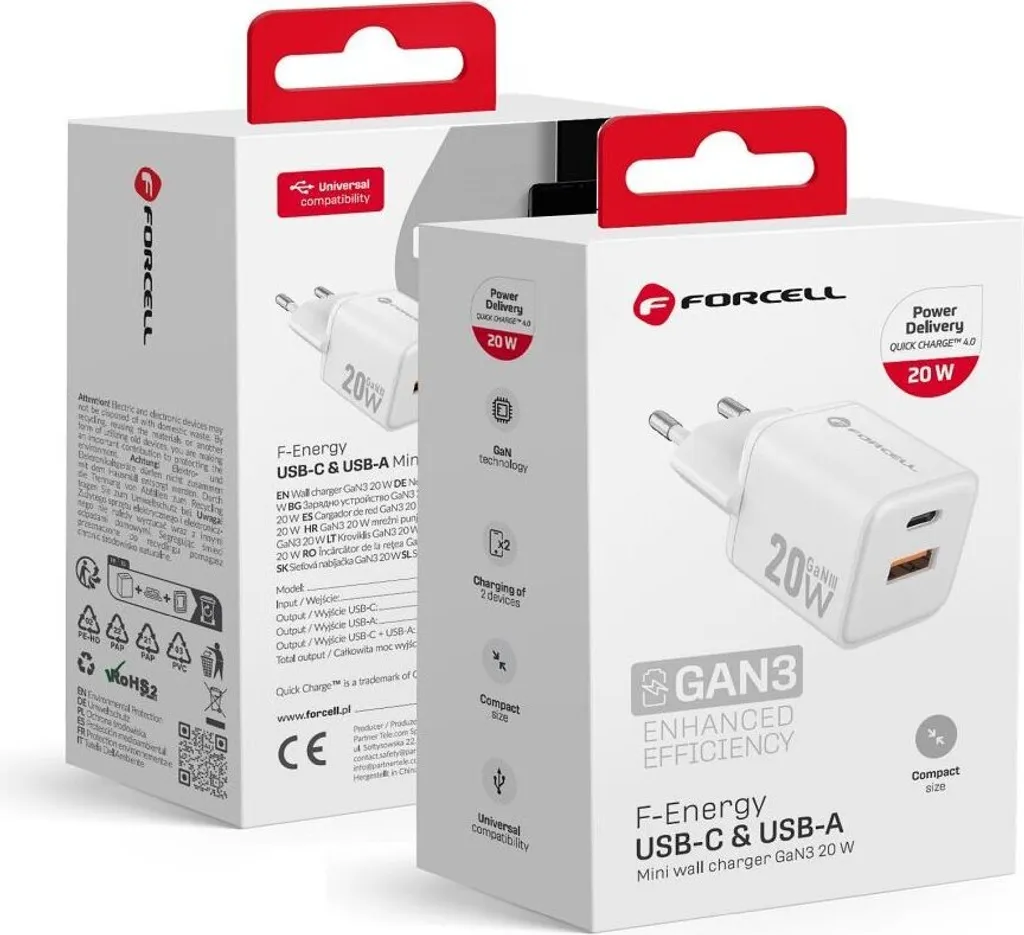 Forcell, caricatore di rete GaN III 20W con USB-C + USB, formato mini, bianco