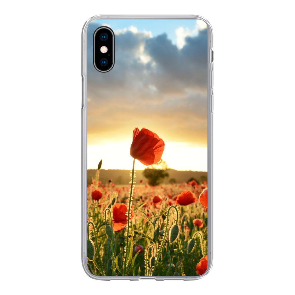 MuchoWow Handyhülle Schutzhülle Hülle für iPhone Xs Bunter Himmel über vielen Mohnblumen Silikon Softcase Handy Hülle - Handytasche