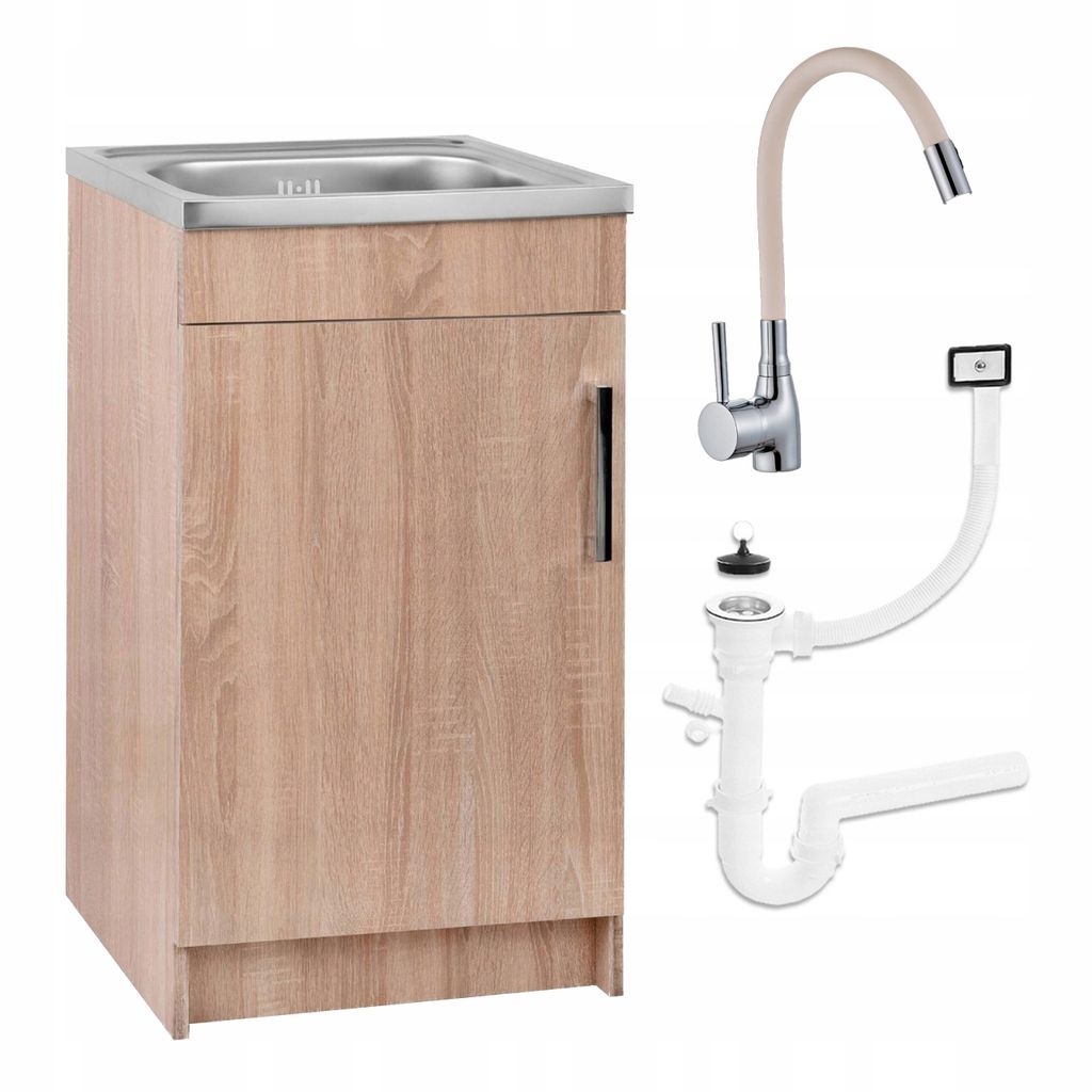 A kitchen cabinet with a sink, faucet, and plumbing parts displayed against a white background.