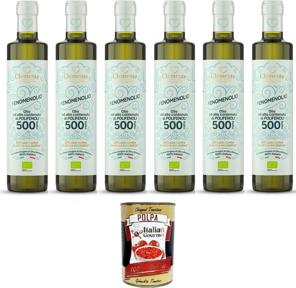 Clemente 100% Natives Olivenöl Extra „Fenomenolio“ mit hohem Polyphenolgehalt – 6x500 ml+ Italian Gourmet polpa 400g