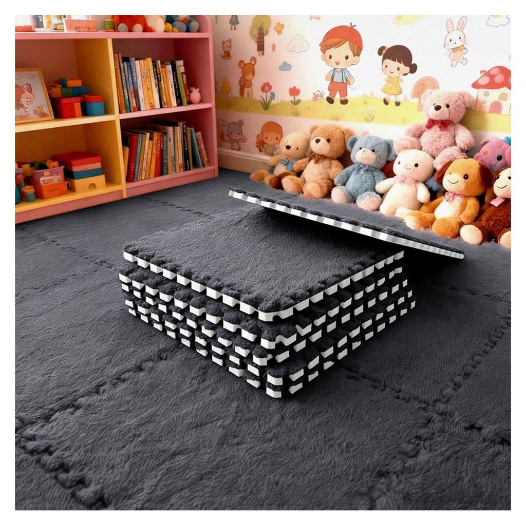 12 Stück Schaumstoffmatten für Teppichboden, Plüsch Teppichfliesen, Ineinandergreifender Memory Foam Teppich (Schwarz)