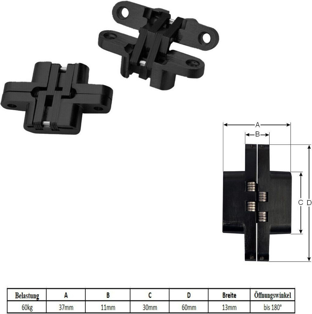 2x Edelstahl 180° Kreuz Schwerlastscharnier verdeckte Montage Scharnier Schwarz 60kg