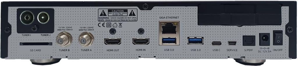 The back panel of a GigaBlue UHD Quad 4K Pro receiver, showing various ports and connectors.