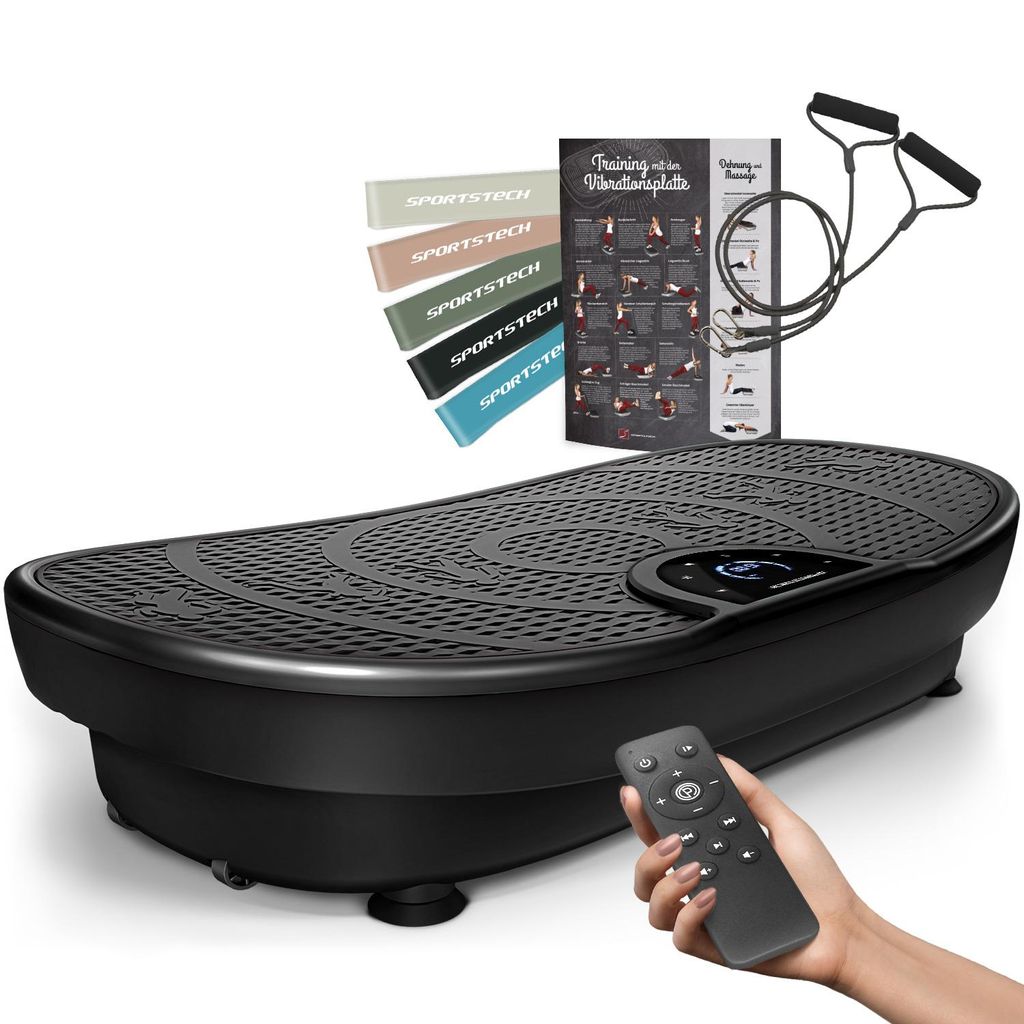 A black vibration plate with accessories and a remote control held by a hand.