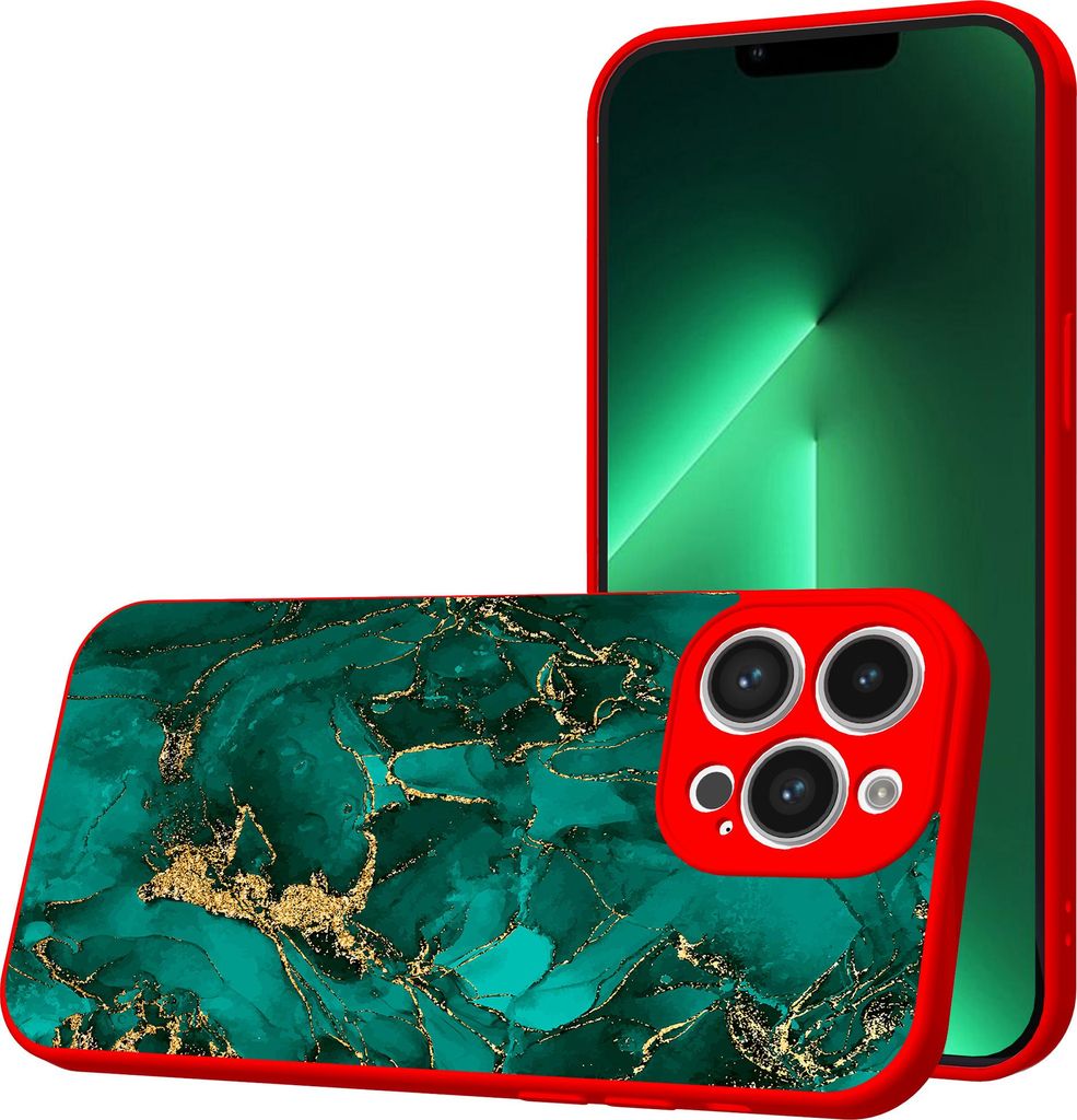 Smartphonica Handyhülle Geeignet für iPhone 13 Pro mit Grün-Gold-Marmor-Druck - TPU Back Cover Case Grün-Gold-Marmor Design - Rot