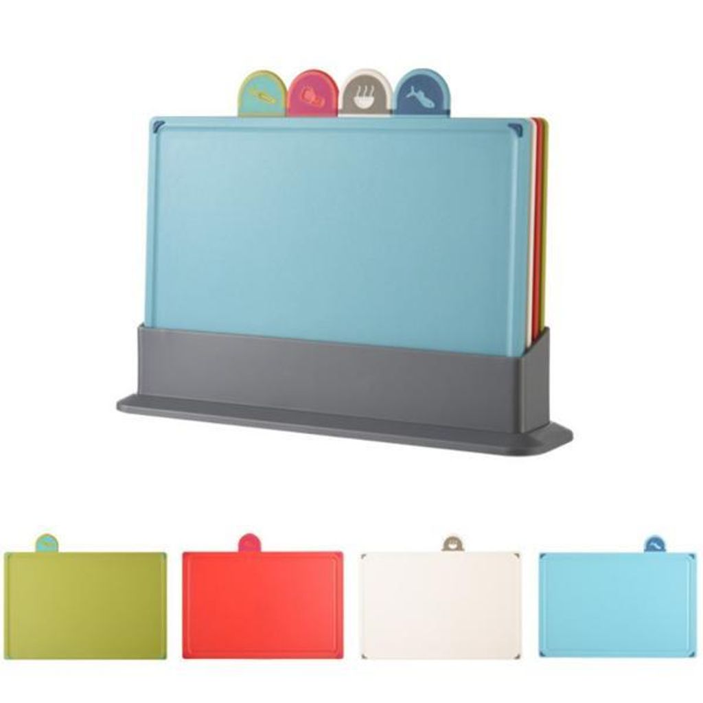 Vierteiliges, kategorisiertes Schneidebrett-Set – Farbiges Schneidebrett-Set – Schneidebrett – Mit Ständer – 30 cm x 23,5 cm – Verschied...