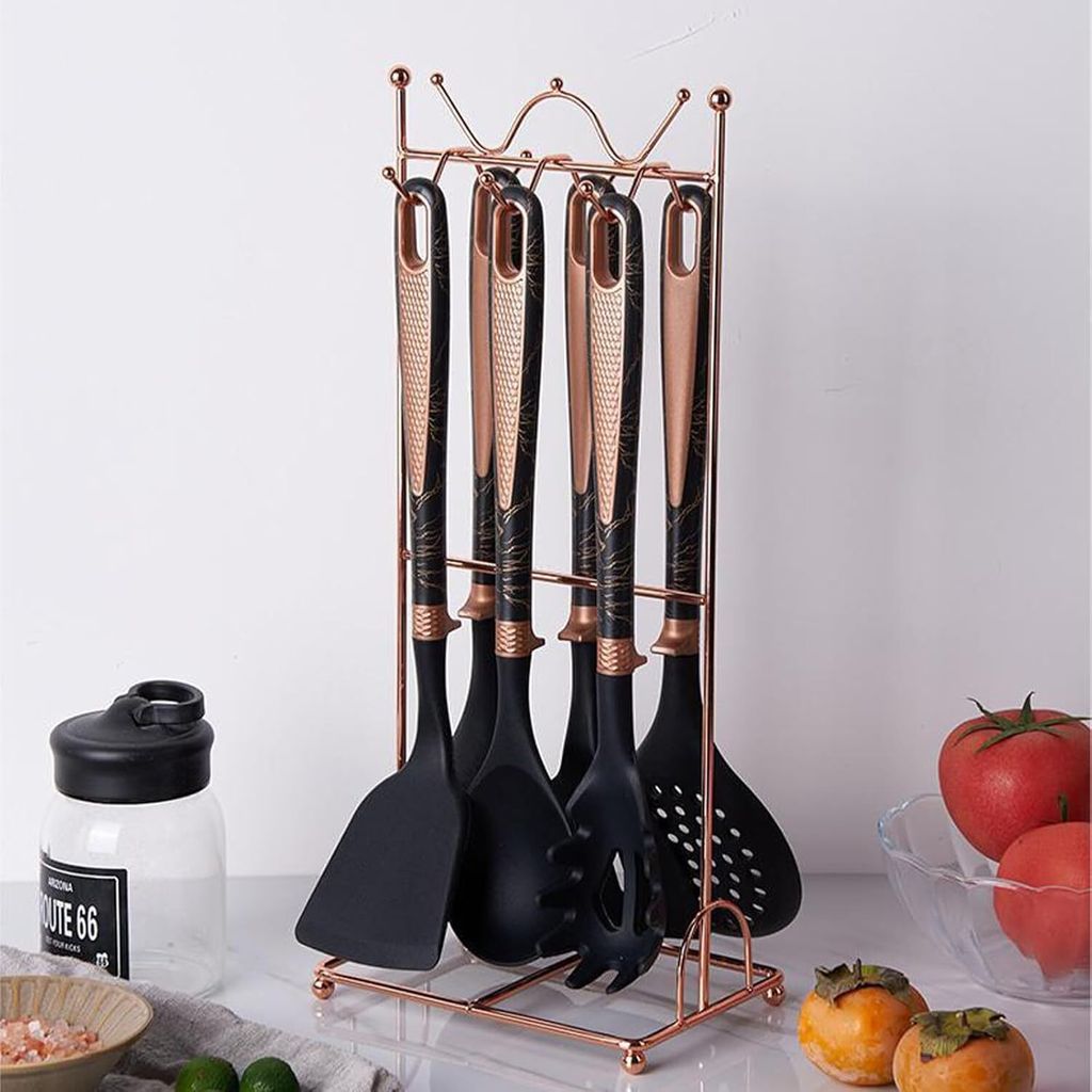 AVEKI Silikon-Küchenutensilien-Set, 7-teilig mit Ständer, BPA-frei & Hitzebeständig, Küchenhelfer Spatel Set für Antihaft-Kochgeschirr (Schwarz)