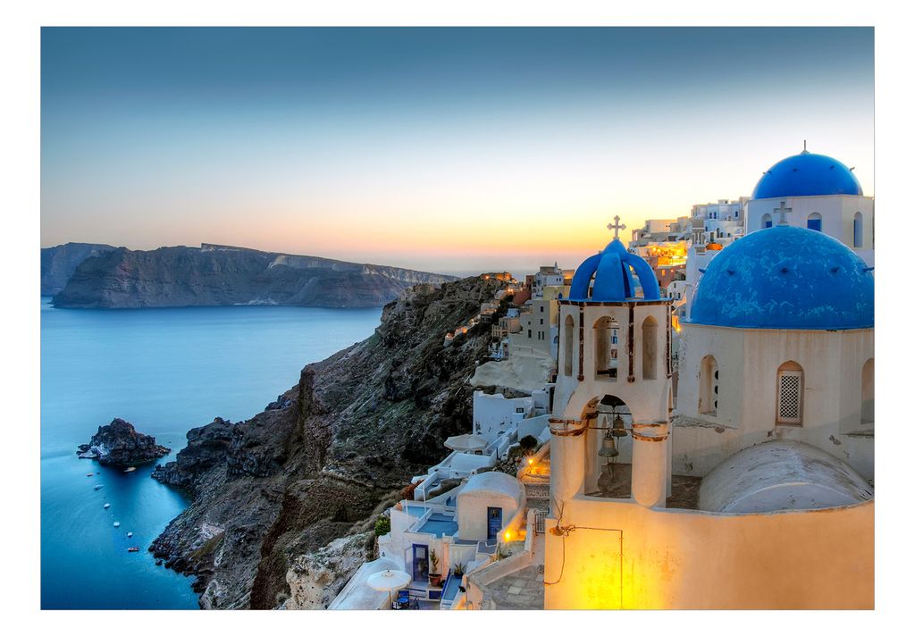 Vlies Fototapete Landschaft 400x280 cm Tapeten Wandtapete XXL Holiday Santorini Gebirge Meer Stadt Greece d-B-0419-a-a