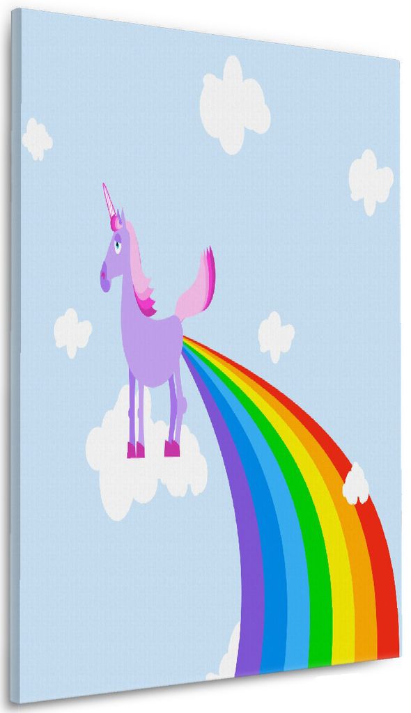 Wallario Premium Leinwandbild Einhorn mit Regenbogen aus dem Hintern in Größe 60 x 90 cm