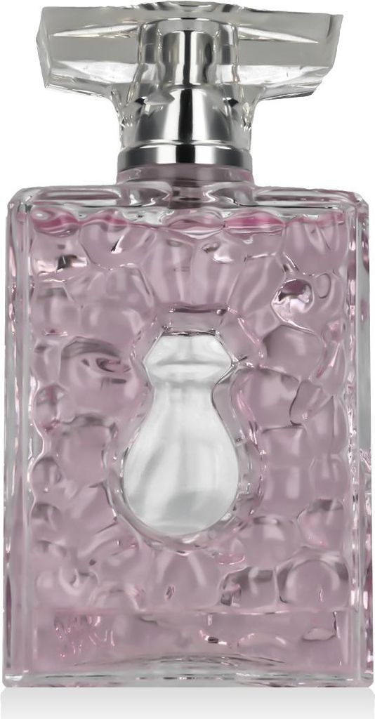 A perfume bottle with pink liquid.