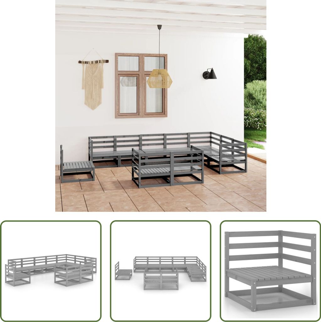 The Living Store 10-tlg. Garten-Lounge-Set Grau Kiefer Massivholz