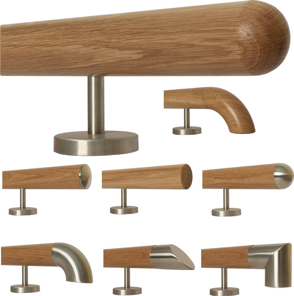 TIBU Eiche Holz Handlauf Geländer 0,3m - 5m, Länge 470 cm, Ende Halbkugel gefräst und 6 gerade Halter
