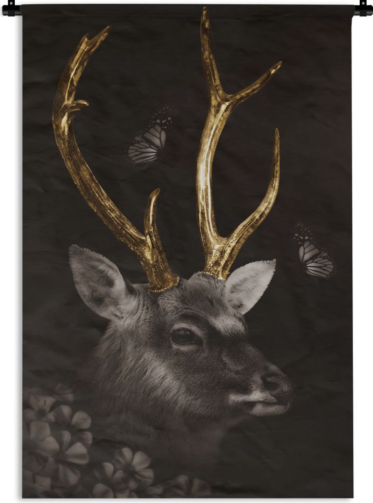 MuchoWow Wandteppich Wandbehang Hirsch - Schmetterling - Gold - Schwarz 60x90 cm Tapisserie Dekoration Wandtuch - Foto-Teppich - Abwaschbar
