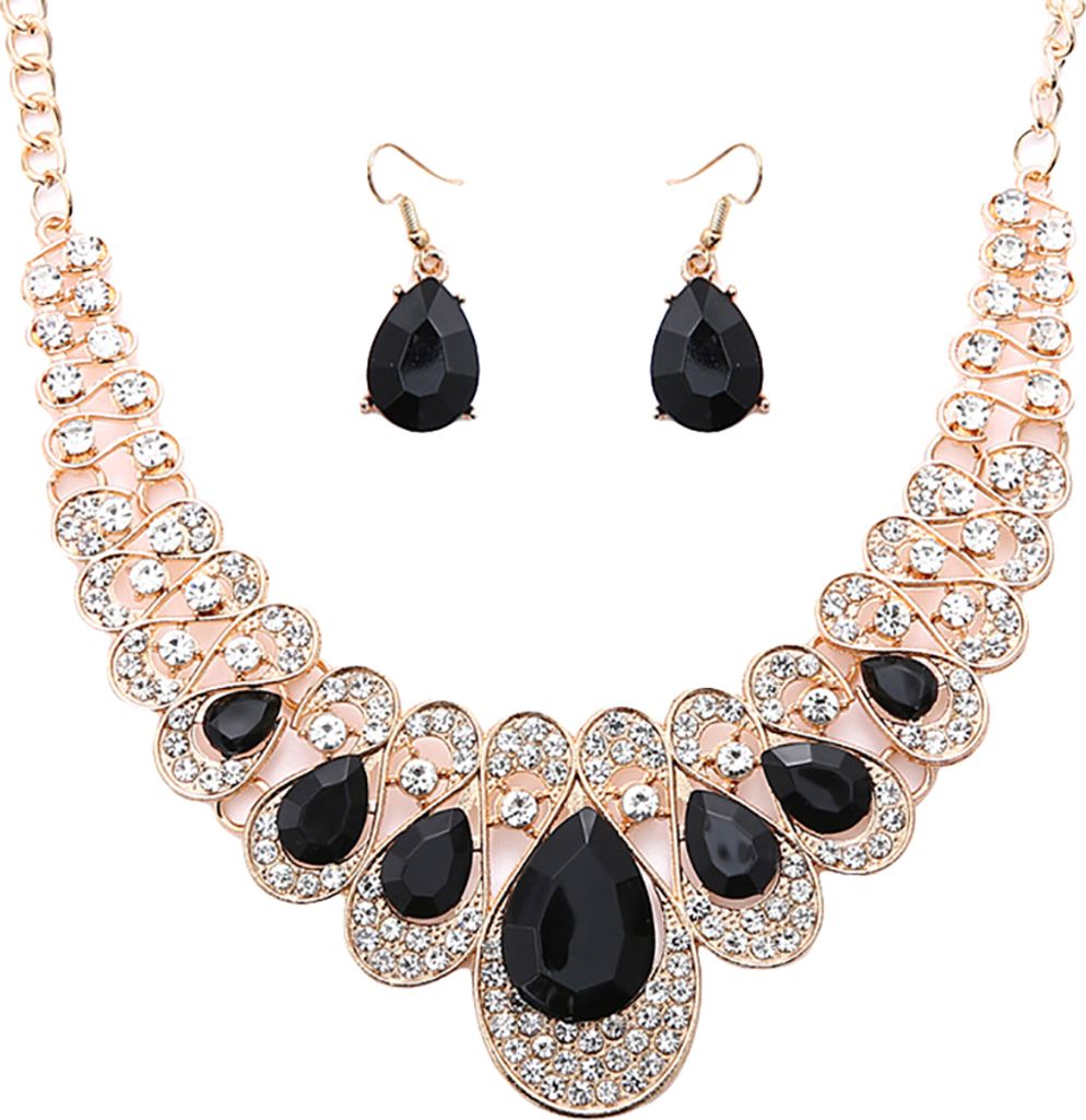 2 Teile/satz Tropfenförmige Strass Statement Bib Halskette Ohrringe Brautschmuck Geschenk-Schwarz