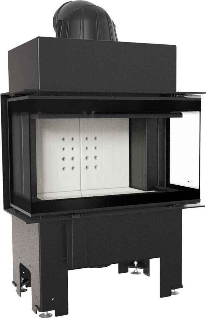 A black steel fireplace insert with a glass front and a chimney flue.
