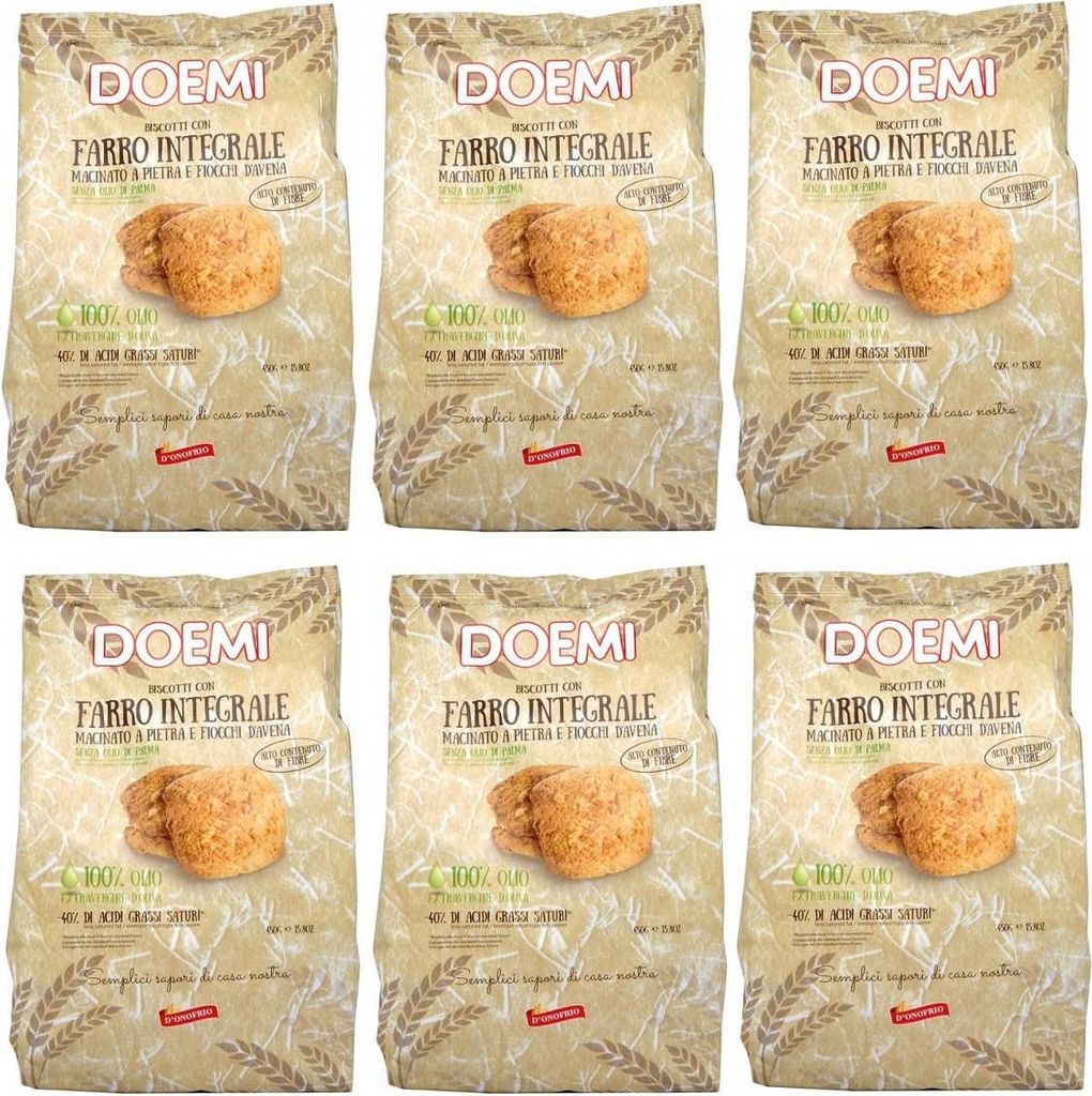 6x Doemi Biscotti con Farro Integrale,Kekse mit stein gemahlenem Dinkel Vollkorn,Haferflocken und Olivenöl 450g Beutel + Italian Gourmet Polpa di ...
