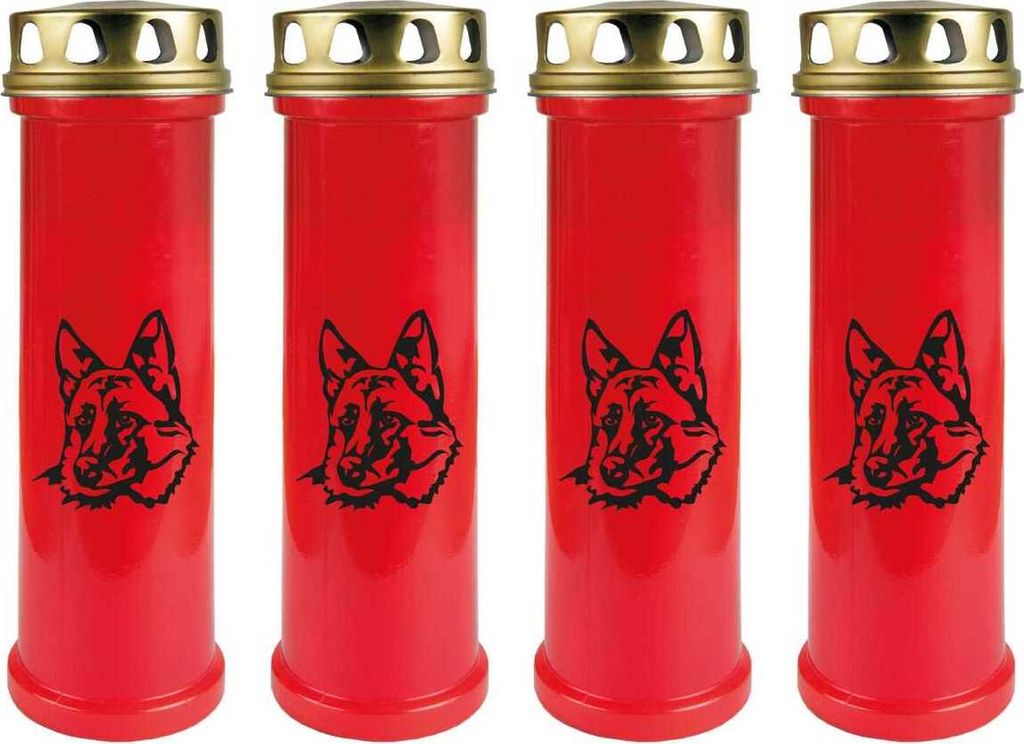 Grabkerze Rot 4er Pack, Brenndauer: 100 Stunden ( je Kerze ), Motiv: Schäferhund