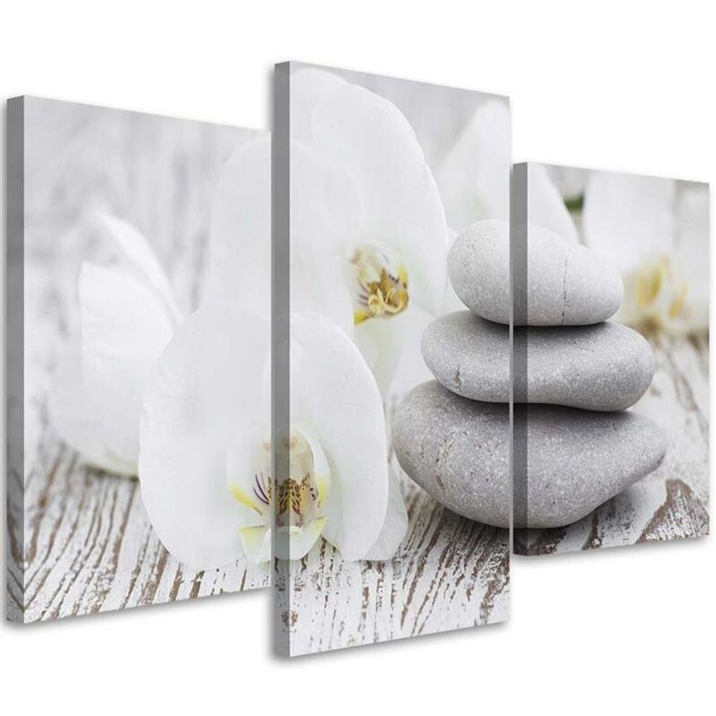 Triptychon auf leinwand weiße orchidee und steine 150x100 cm Feeby grau wandbild bereit zum aufhängen