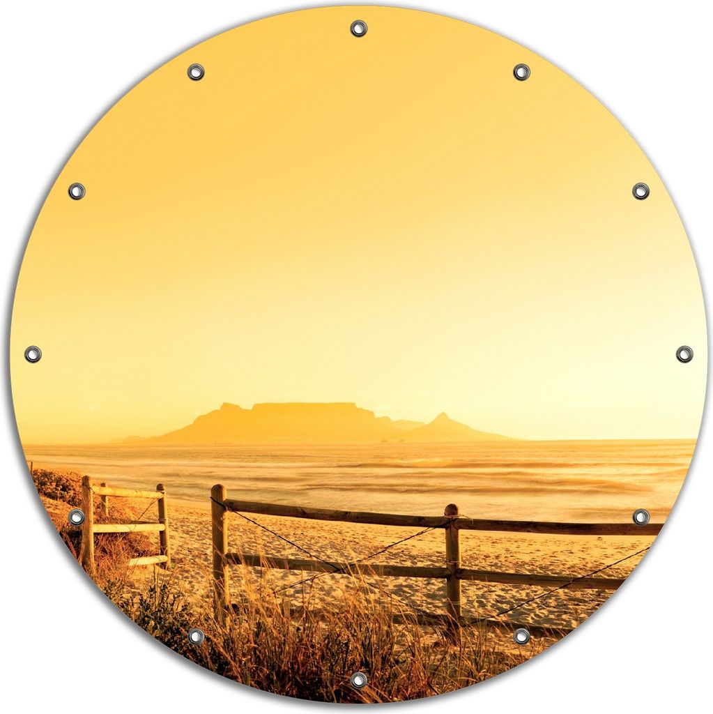Wallario rundes Outdoor-Poster für Garten oder Balkon, Motiv Strand in Südafrika I - Himmel in orange, 90 cm Durchmesser