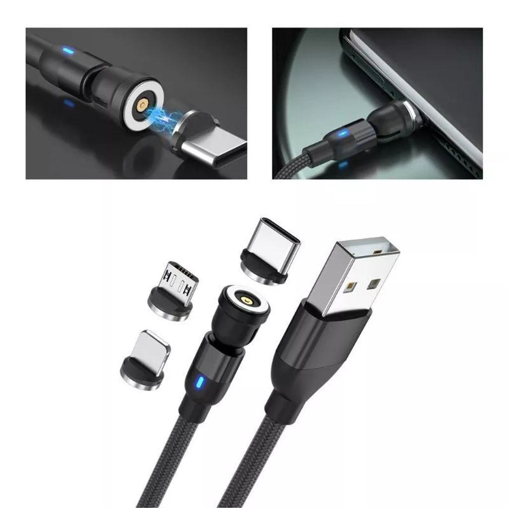 Collage of images showing a magnetic charging cable with different connector types and in use.