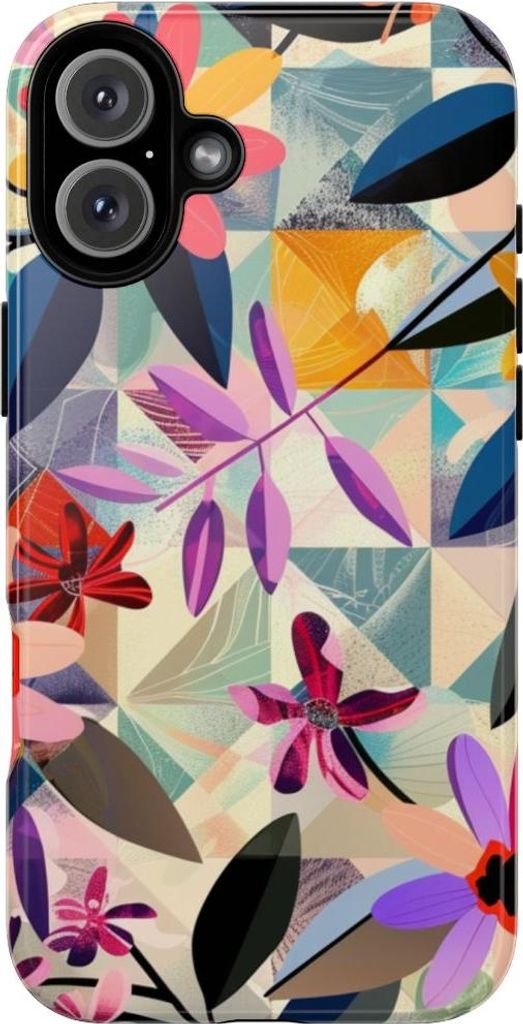 Buntes Blumenmuster mit geometrischem Hintergrund – Hülle Kompatibel mit iPhone 16 Plus