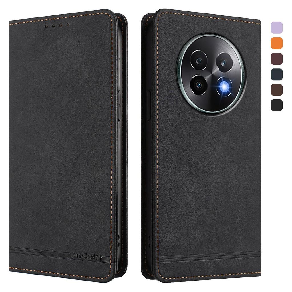Hülle für Realme 13+ 5G, Retro Kunstleder Ständer Klapphülle mit Kartenfächer und Magnetische Schwarz