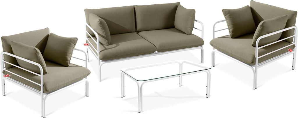 Gartenmöbelset RAMBE 4-tlg. 1x Tisch 2x Sessel 1x Sofa 2-Sitzer, mit Kissen, LOFT-STIL, Weiß/Cremeweiß