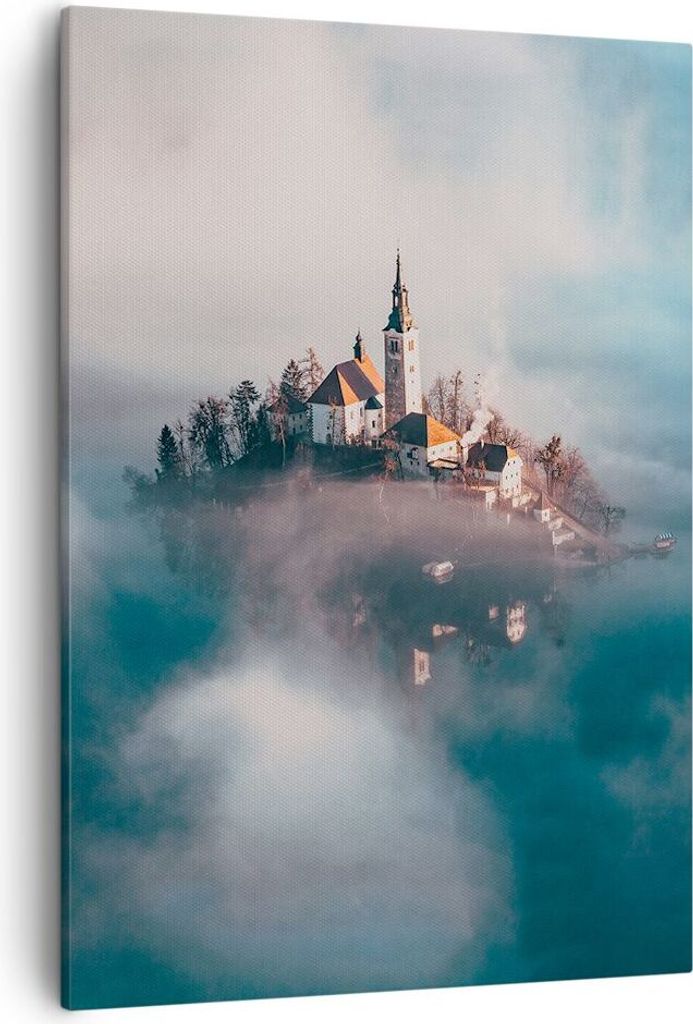 Bild auf Leinwand - Leinwandbild - Einteilig - Alpen Bled Kirche - 50x70cm - Wand Bild - Wanddeko - Wandbilder - Leinwanddruck - Kunstdruck - Wandd...