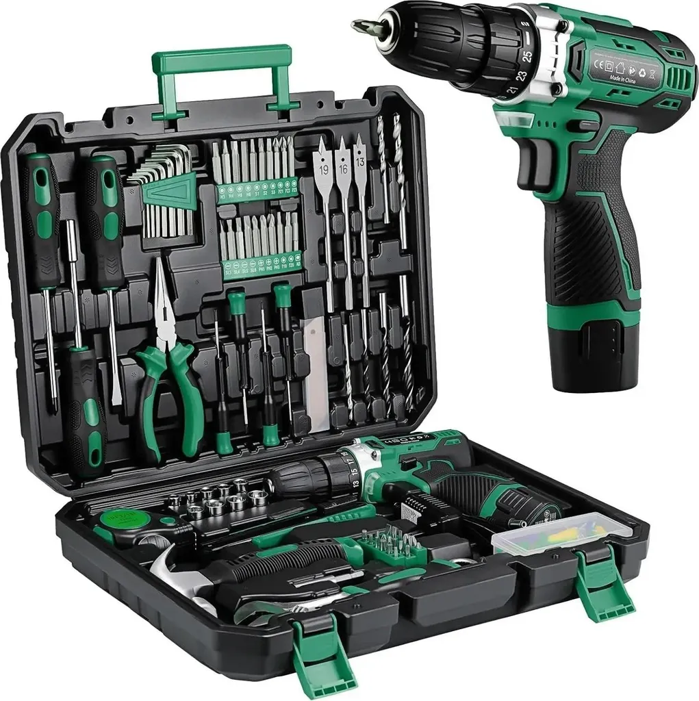 Set di utensili, trapano avvitatore a batteria, collezione completa di utensili, verde