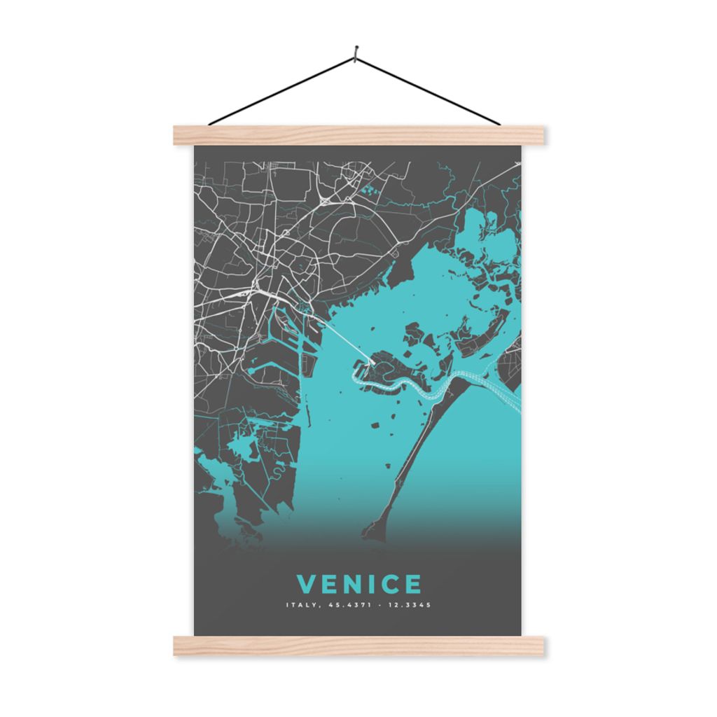 MuchoWow Textilposter Venedig - Stadtplan - Karte - Blau 120x180 cm mit holzfarbenen Rahmen - Textil-Plakat
