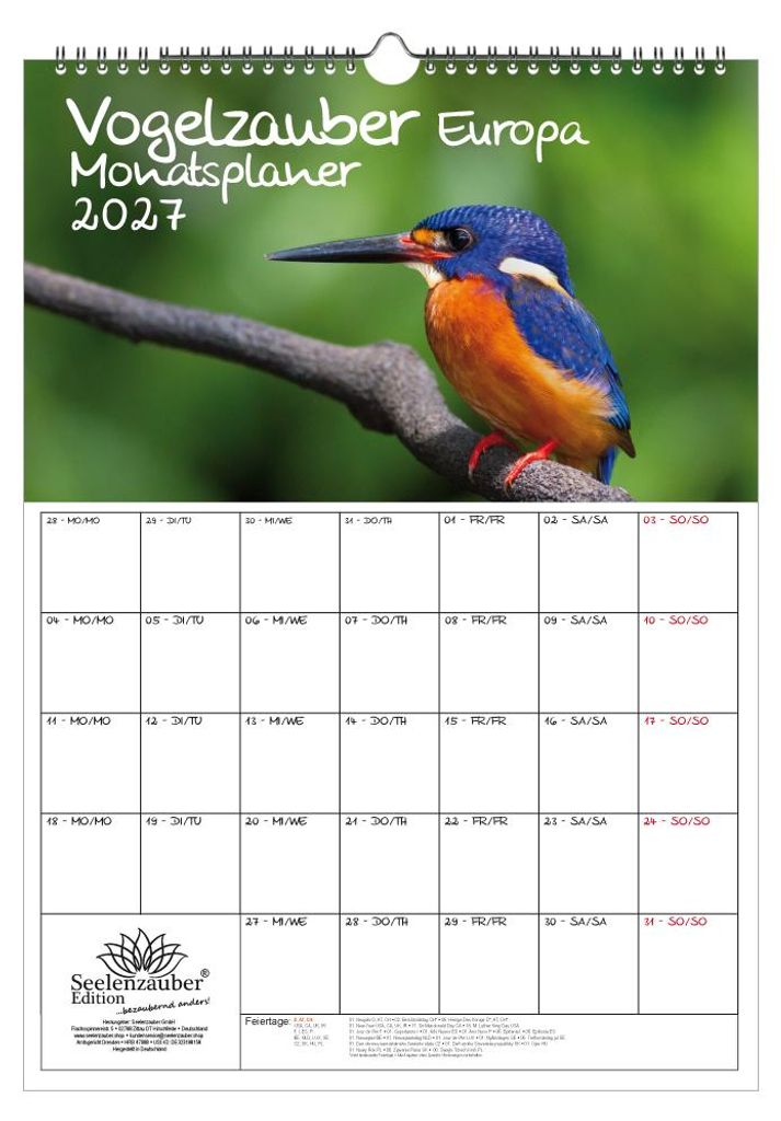 Vogelzauber Europa Planer DIN A3 Kalender für 2027 Vogel - Geschenkset Inhalt: 1x Kalender, 1x Weihnachtsanhänger (insgesamt 2 Teile)