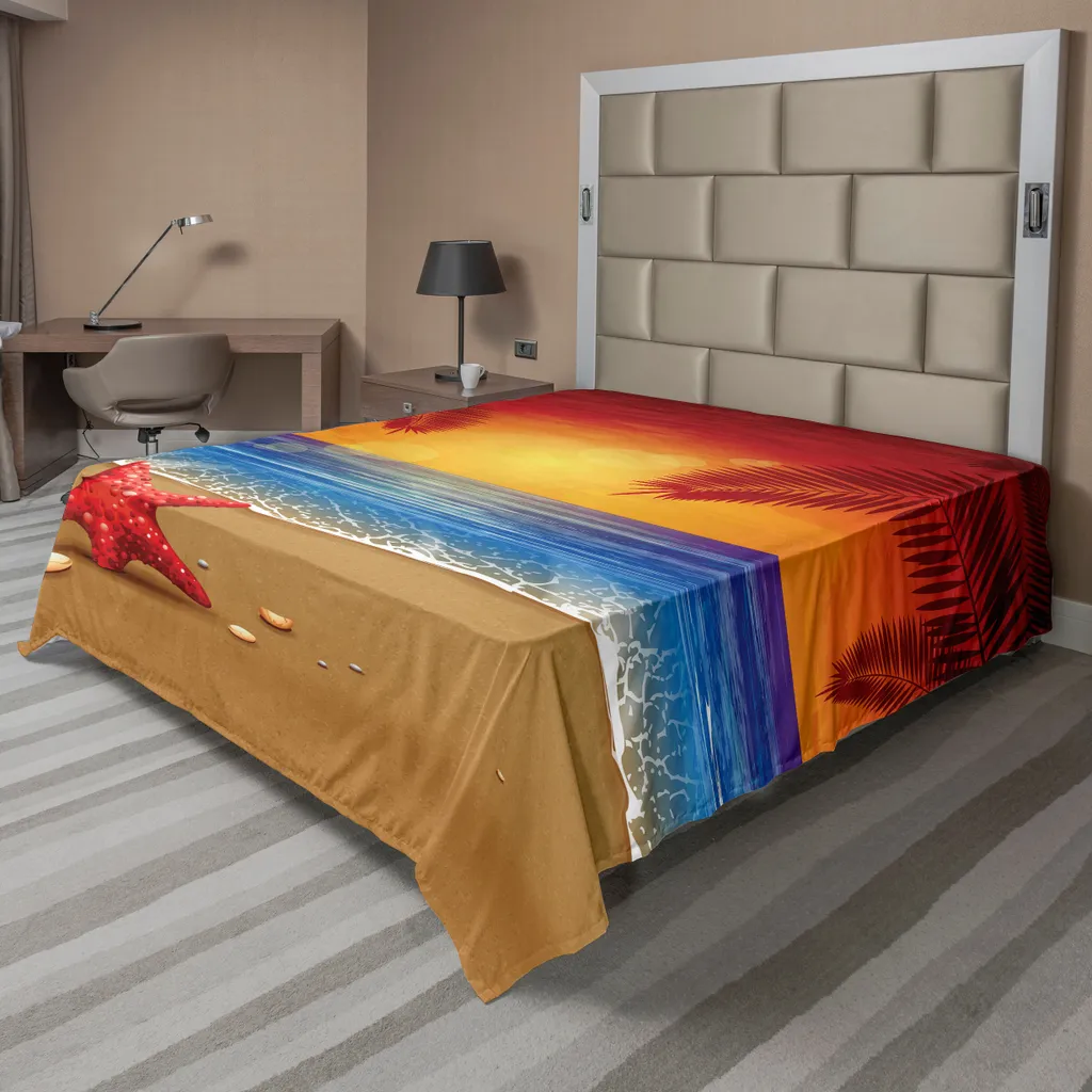 Drap Plat Décoratif Motif Plage et Palmier pour Grand Lit Double 260cm