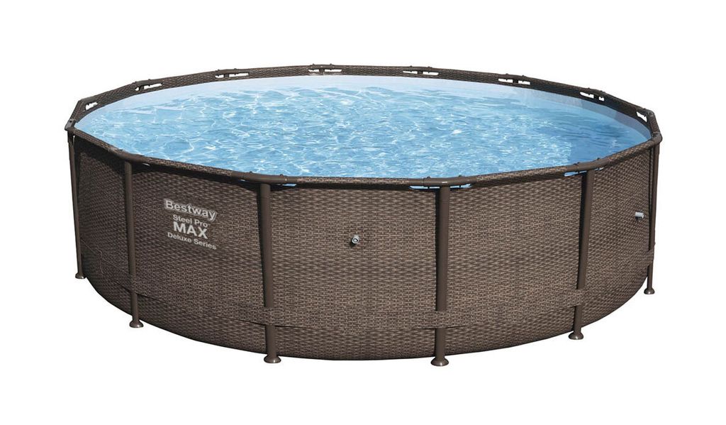 An above-ground swimming pool filled with water, set against a white background.