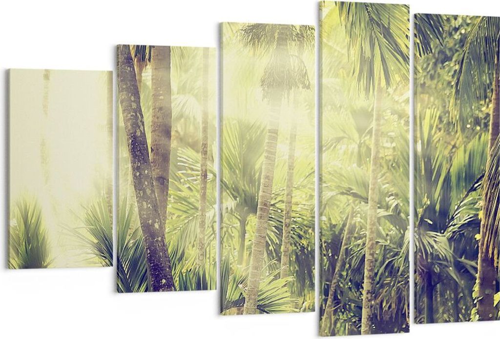 Bild auf Leinwand - Leinwandbild - 5 Teile - Morgendämmerung Dschungel Palmen - 150x100cm - Wand Bild - Wanddeko - Wandbilder - Leinwanddruck - Bi...