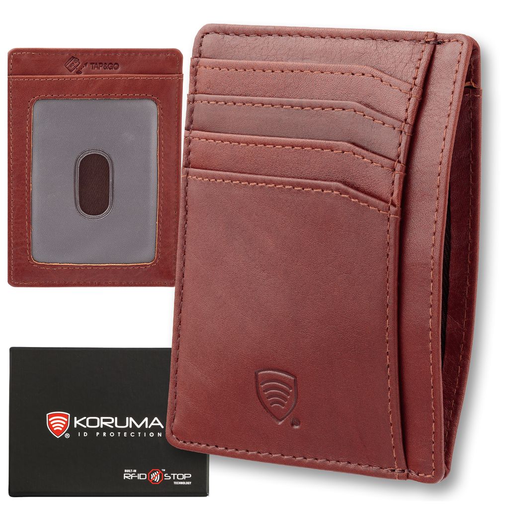 Flache Geldbörse Kartenetui, Premium Echtleder RFID-Blocker Slim Geldbeutel Kreditkartenetui mit ID-Fenster Tap&Go Braun / KORUMA