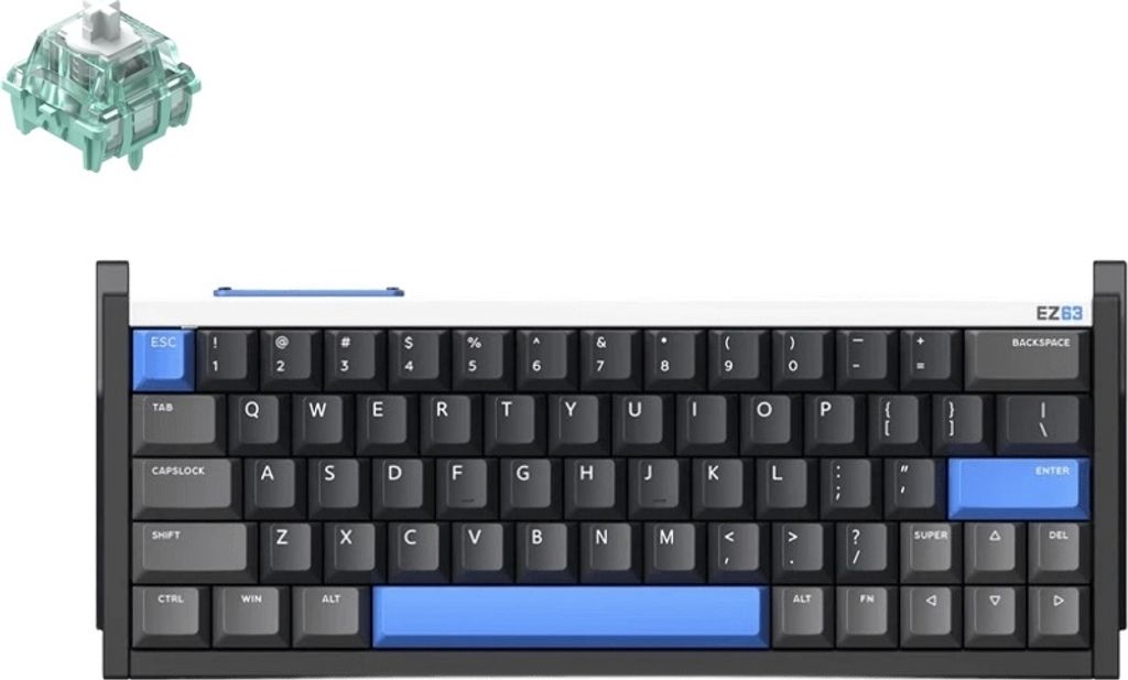 A mechanical keyboard switch and a compact mechanical keyboard are displayed against a white background.