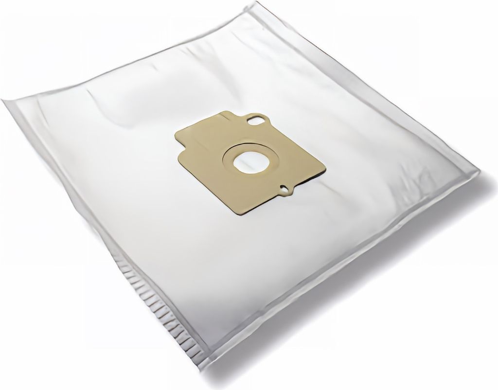 A vacuum cleaner bag with a cardboard adapter is shown on a white background.