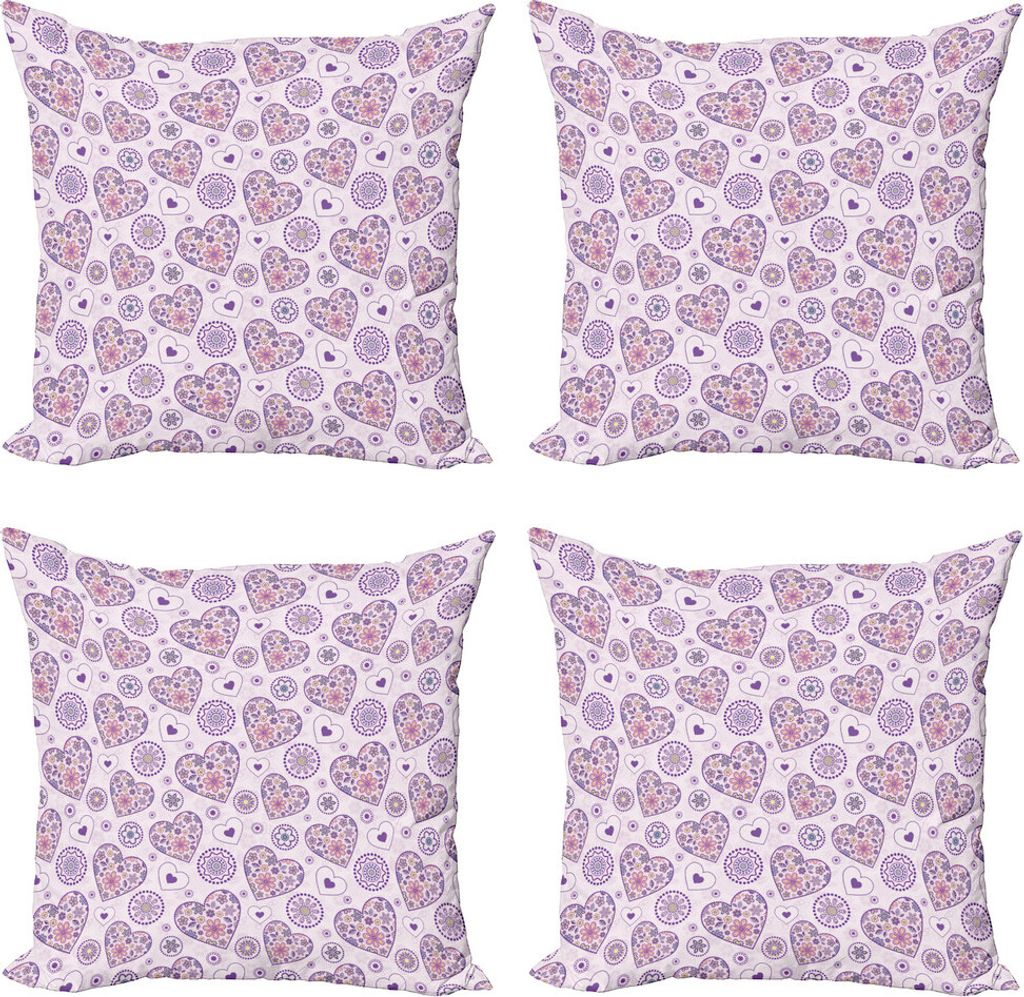 ABAKUHAUS Valentines Kissenbezug Set (4 Stück), Herzen mit Blumen, Moderner Doppelseitiger Digitaldruck, 40 cm x 40 cm, Pale Pink, Lila, Gelb