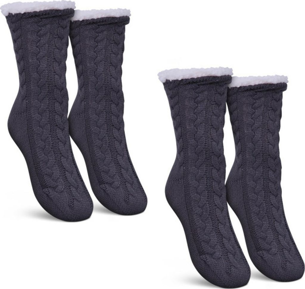 Haussocken (Grau / 2 Paar) Damen mit Teddyfutter - Hüttensocken mit Anti-Rutsch-Sohle - ABS Norweger Socken Zopfmuster - Kuschelsocken Einheitsgr...