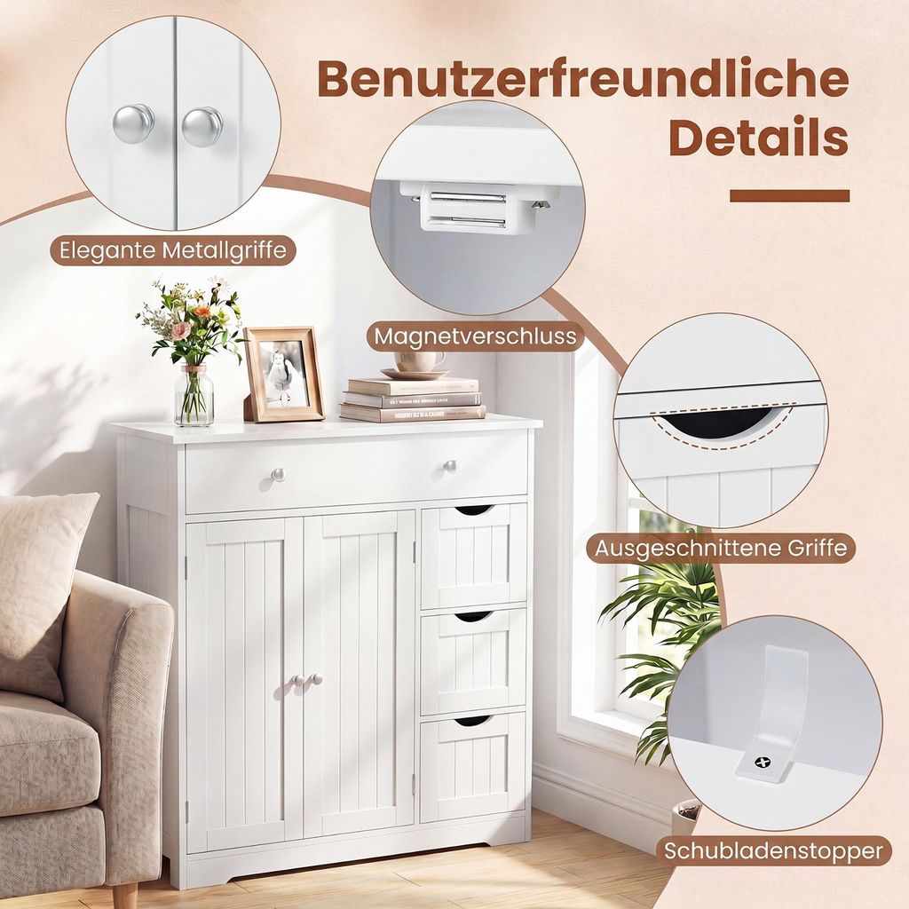 COSTWAY Badezimmerschrank Holz, Badschrank mit 4 Schubladen