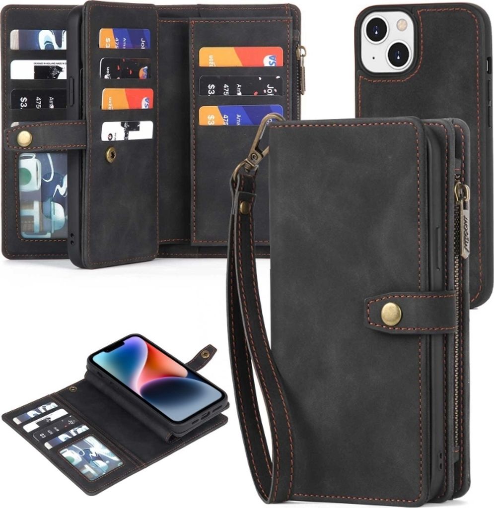 Für iPhone 14 Plus Zipper Wallet Detachable MagSafe Leather Phone Case (Black)