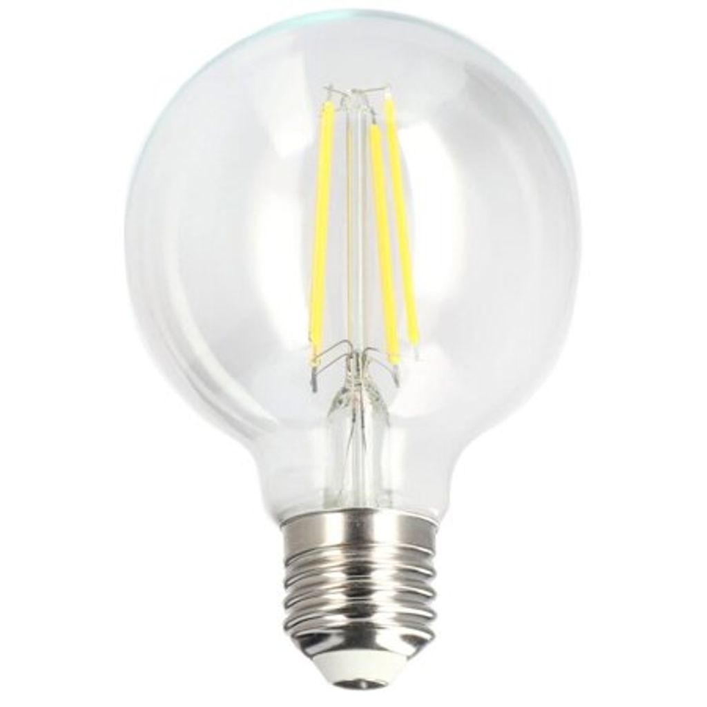 A clear, close-up studio shot of a single LED filament light bulb against a white background.