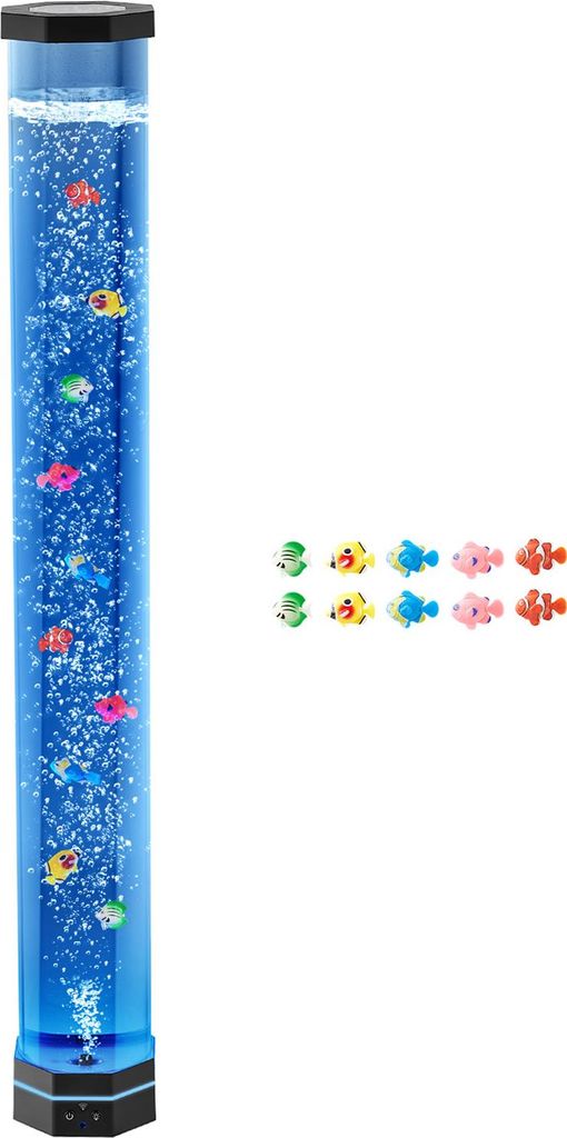 A tall, cylindrical blue lava lamp with small fish inside, standing on a black hexagonal base. Several small, colorful fish figures are arranged to the right of the lamp.