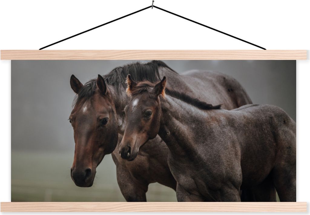 MuchoWow Textilposter Pferde - Nebel - Landschaft 60x30 cm mit holzfarbenen Rahmen - Dekoration