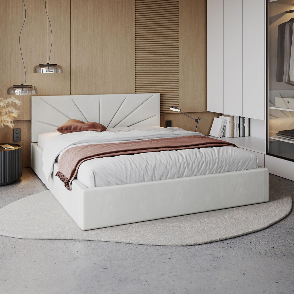 FDM Bett SUNSET Trinity 180x200 cm Polsterbett mit Lattenrost aus Metall Bettkasten Stauraumbett Samt weiß