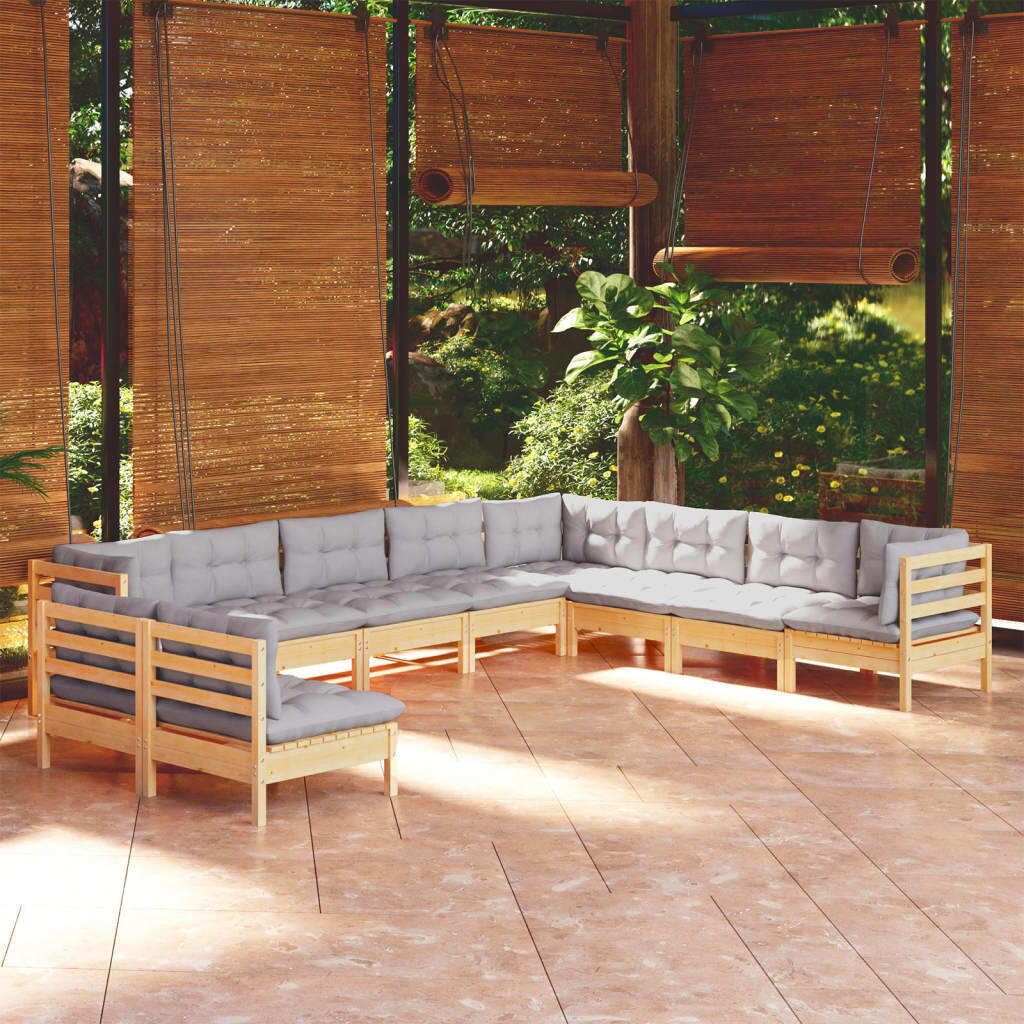 Eleganten-Stil Gartenmöbel Set Balkonmöbel-Set 10-tlg. Garten-Lounge-Set mit Grauen Kissen Massivholz Kiefer - Gartenmöbelgarnituren Hommie33254...