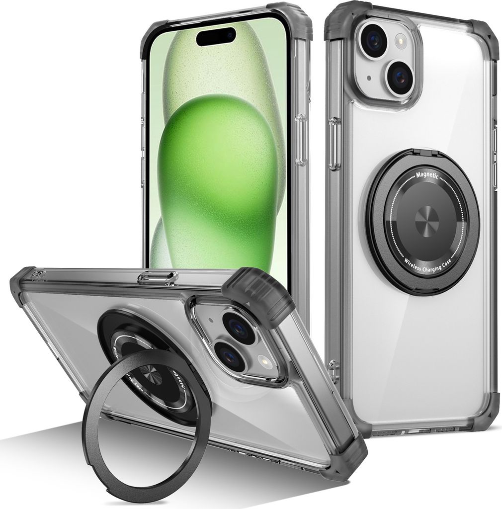 Handyhülle für iPhone 14 Plus / 15 Plus Magnetisches Ringhalter Ständer Kompatibel mit Magsafe Militärschutz Transparente Hülle Schwarz