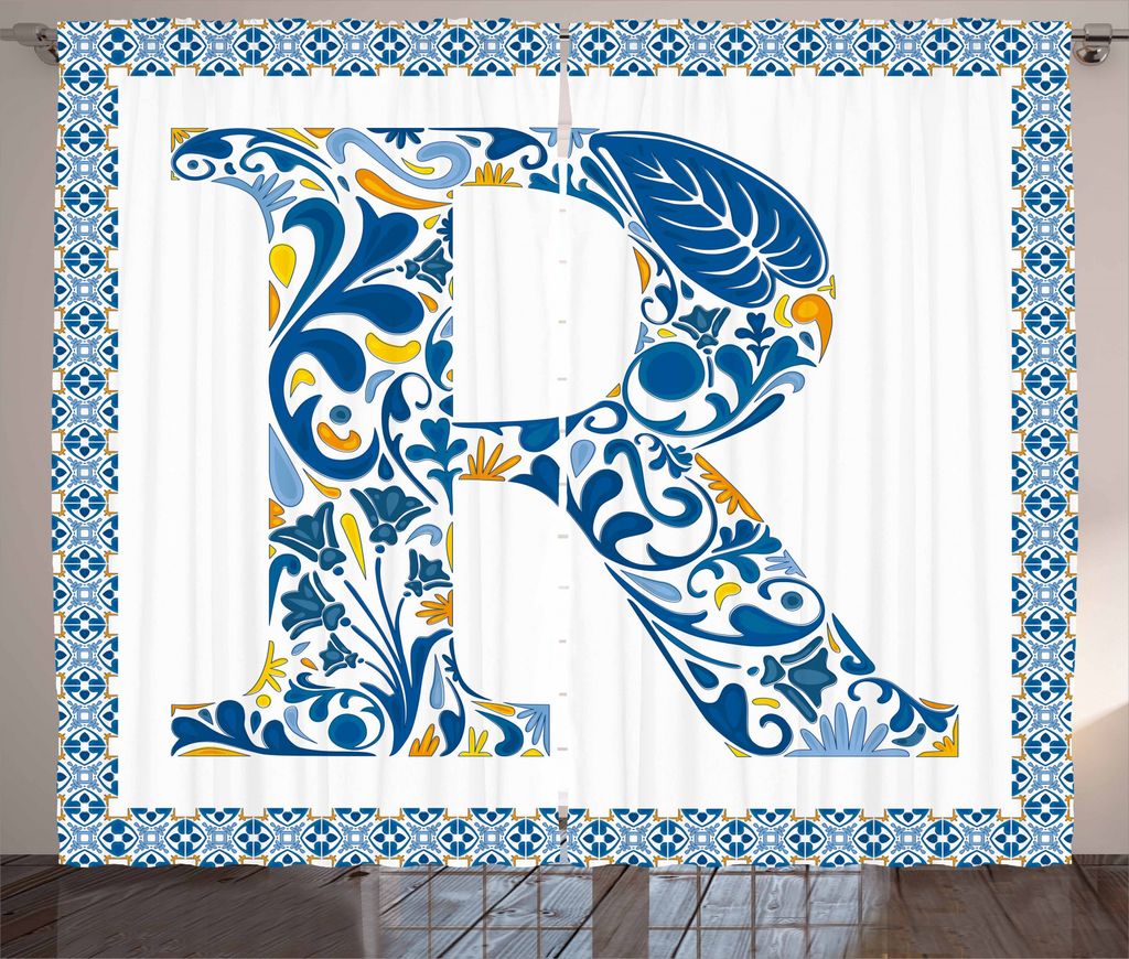 ABAKUHAUS Buchstabe R Rustikaler Gardine, Curly Blüten-Weinlese, Schlafzimmer Kräuselband Vorhang mit Schlaufen und Haken, 280 x 245 cm, Blau Gel...