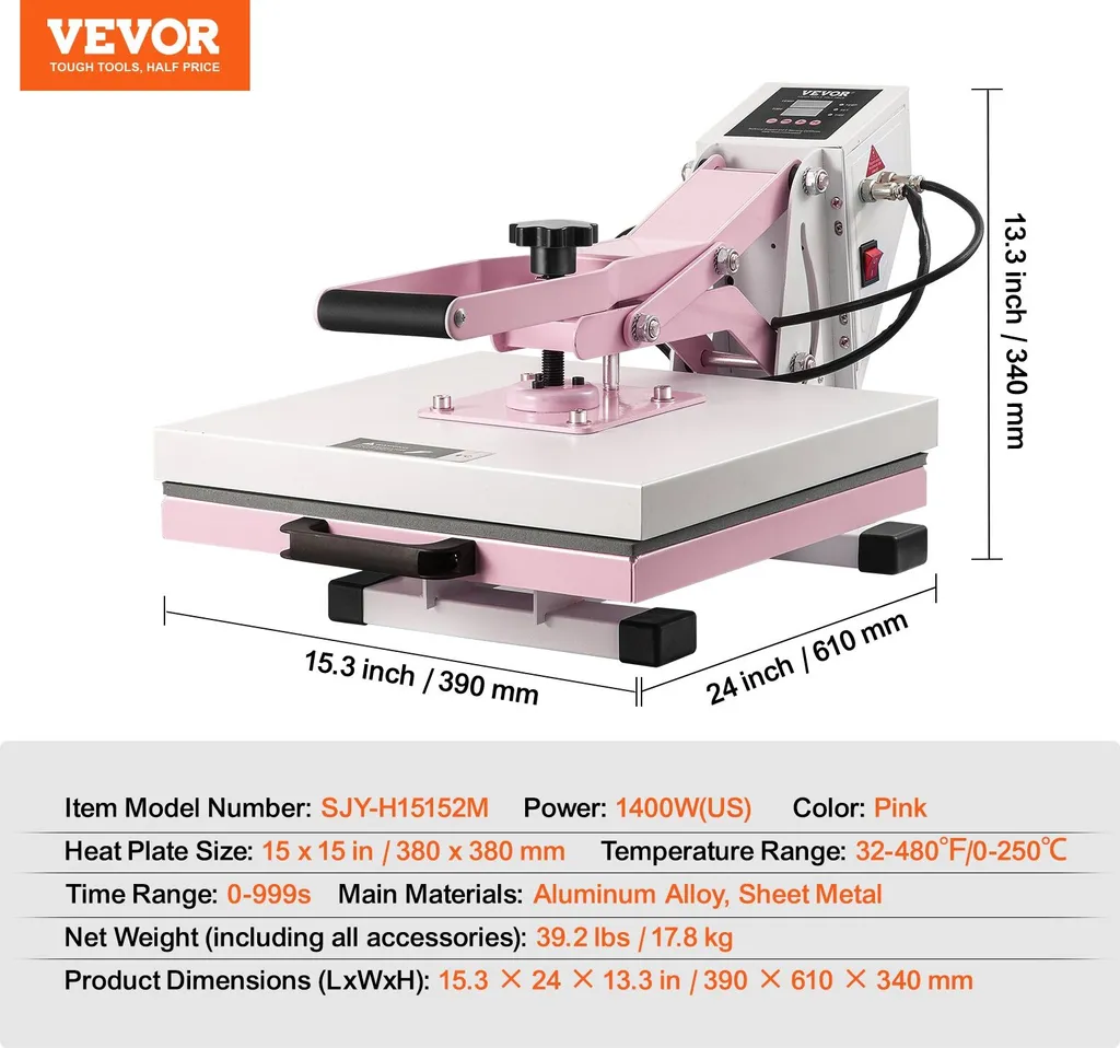Presse extensible 38x38cm rose : machine à chaud pour flocage textile - 7